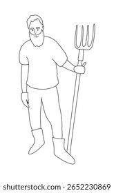 Line art vector of a farmer with pitchfork. Simple outline illustration perfect for agriculture designs, rural themes, farming logos, and educational materials.