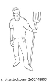 Line art vector of a farmer with pitchfork. Simple outline illustration perfect for agriculture designs, rural themes, farming logos, and educational materials.