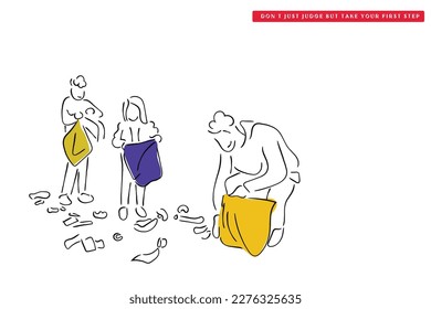 Line art vector of a father with his two little kids picking the litter from street. Take pride in cleaning and baby steps to make a better society.