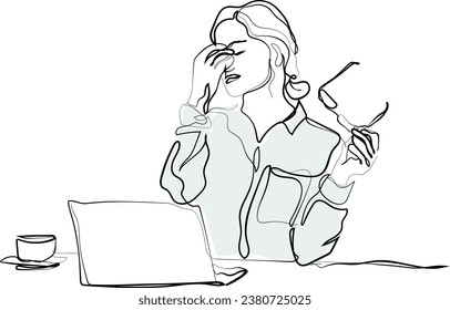 Line art vector of Fatigued businesswoman taking off glasses tired of computer work,  blurry vision symptoms after long laptop use, overworked woman feels eye strain tension problem. continuous line.