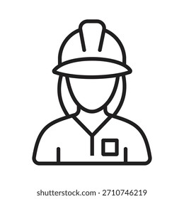 Vetor de arte de linha de uma trabalhadora com um chapéu duro. Representa as profissões de engenharia, construção, segurança, indústria, mão de obra e técnica.