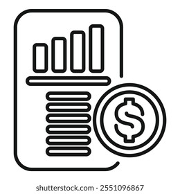 Line art vector of a financial report with a bar chart showing increasing profits and a dollar coin, perfect for topics of business and finance