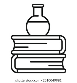 Line art vector of a flask standing on a stack of books, representing the pursuit of knowledge and scientific exploration