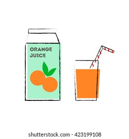 Line art vector flat icon illustration green paper pack of orange fruit juice and goblet glass with liquid and striped straw isolated on white background / vector eps 10