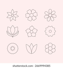Line Art Vector Flower Icon Set. Minimal Outline Floral Symbols Collection