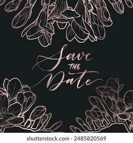 Line art vector freesia for a Save the Date grafic design of an invitation card. Hand drawn line art freesias with delicate and elegant details and a rose gold color palette. 