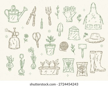 Juego de jardinería de Vector de arte de línea con regadera, herramientas, ropa de jardinero, pulverizador, paquetes de semillas, bulbos de flores y plántulas. Perfecto para diseños de primavera y proyectos de jardinería