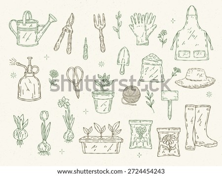 Line art vector gardening set with watering can, tools, gardener clothing, sprayer, seed packets, flower bulbs, and seedlings. Perfect for spring designs and gardening projects