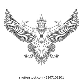 Line art vector of Garuda legendary creature with half human and bird- Vishnu god carrier in Hindu drawing in black and white