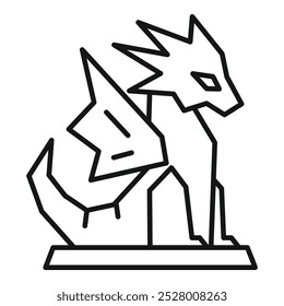 Line art vector of a geometric dragon standing on a pedestal spreading its wings, great for fantasy and medieval themes