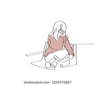 Line art vector of a girl sitting on the couch with logs folded.