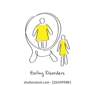 line art vector of a girl suffering from body image issues. Eating disorder concept art. Bulimia Nervosa art.