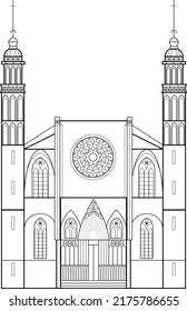 Line Art Vector Gothic Architecture With Santa Maria Del Mar In Barcelona, Spain. Blueprint Of Classic Church Building. Famous Spanish Tourist Spot. Religion Praying Place Saint Mary Of The Sea.