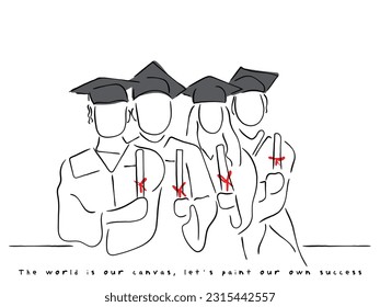 line art vector of graduation ceremony. Graduating student hand drawn minimal art.