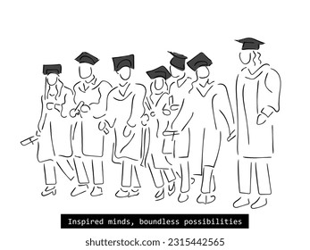 line art vector of graduation ceremony. Graduating student hand drawn minimal art.