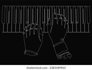 Line art vector graphic of an isolated male hands playing on piano, dark background