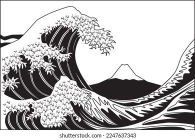 Line art vector of great wave off kanagawa background with Fuji mountain drawing in black and white