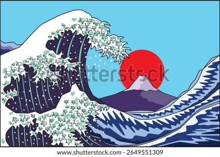 Line art vector great wave off kanagawa background with Fuji mountain and the sun drawing in colorful vector