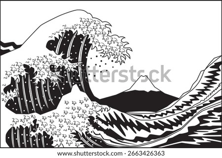 Line art vector great wave off kanagawa background with Fuji mountain drawing in black and white