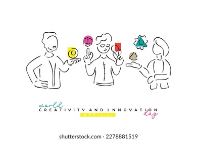 Line art vector of a group of people in corporate settings discussing ideas. World creativity and innovation day that is observed every year on 21 april.