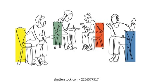 Line art vector of a group of women discussing an important matter. Brainstorming ideas. Women Entrepreneurs. Women in corporate setup. Teachers meeting. 