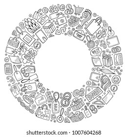 Line art vector hand drawn set of Shopping cartoon doodle objects, symbols and items. Round frame composition