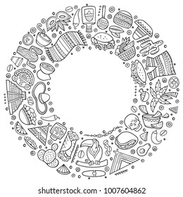 Line art vector hand drawn set of Latin American cartoon doodle objects, symbols and items. Round frame composition