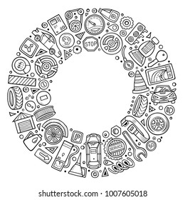 Line art vector hand drawn set of Automobile cartoon doodle objects, symbols and items. Round frame composition