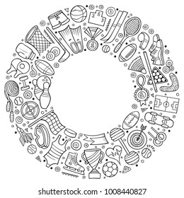 Line art vector hand drawn set of Sport cartoon doodle objects, symbols and items. Round frame composition