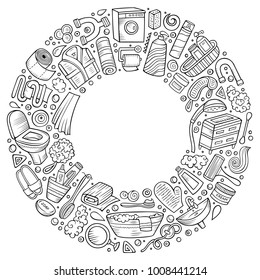 Line art vector hand drawn set of Bathroom cartoon doodle objects, symbols and items. Round frame composition