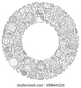 Line art vector hand drawn set of Eastern Europe food cartoon doodle objects, symbols and items. Round frame composition