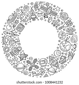 Line art vector hand drawn set of space cartoon doodle objects, symbols and items. Round frame composition