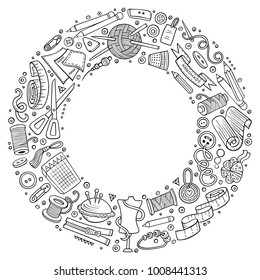 Line art vector hand drawn set of Handmade cartoon doodle objects, symbols and items. Round frame composition