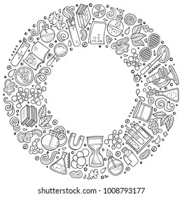 Line art vector hand drawn set of Science cartoon doodle objects, symbols and items. Round frame composition