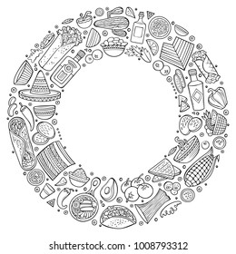 Line art vector hand drawn set of Mexican food cartoon doodle objects, symbols and items. Round frame composition