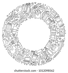 Line art vector hand drawn set of Art cartoon doodle objects, symbols and items. Round frame composition