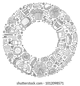 Line art vector hand drawn set of Fast food cartoon doodle objects, symbols and items. Round frame composition