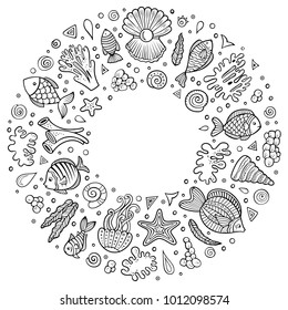 Line art vector hand drawn set of Sealife cartoon doodle objects, symbols and items. Round frame composition