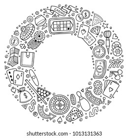 Line art vector hand drawn set of Casino cartoon doodle objects, symbols and items. Round frame composition