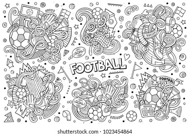 Line art vector hand drawn doodles cartoon set of football combinations of objects and elements. All items are separate