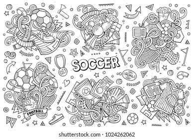 Line art vector hand drawn doodles cartoon set of football combinations of objects and elements. All items are separate