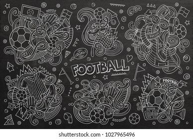 Line art vector hand drawn doodles cartoon set of football combinations of objects and elements. All items are separate