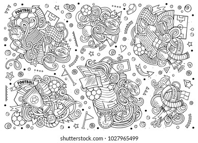 Line art vector hand drawn doodles cartoon set of football combinations of objects and elements. All items are separate