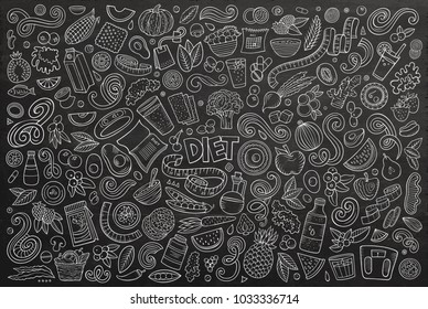 Line art vector hand drawn doodles cartoon set of Diet food objects and elements