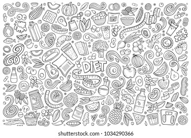 Line art vector hand drawn doodles cartoon set of Diet food objects and elements