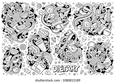 Line art vector hand drawn doodles cartoon set of Diet food combinations of objects and elements. All items are separate