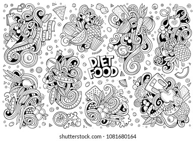 Line art vector hand drawn doodles cartoon set of Diet food combinations of objects and elements. All items are separate