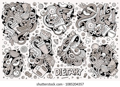 Line art vector hand drawn doodles cartoon set of Diet food combinations of objects and elements. All items are separate