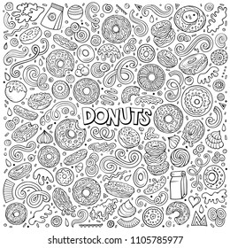 Line art vector hand drawn doodle cartoon set of Donuts objects and symbols