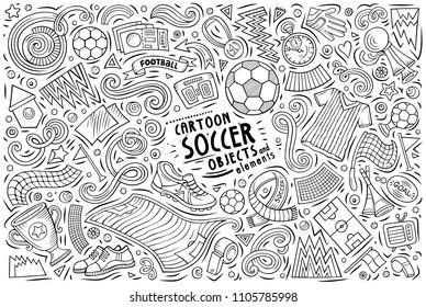 Line art vector hand drawn doodle cartoon set of Soccer theme items, objects and symbols